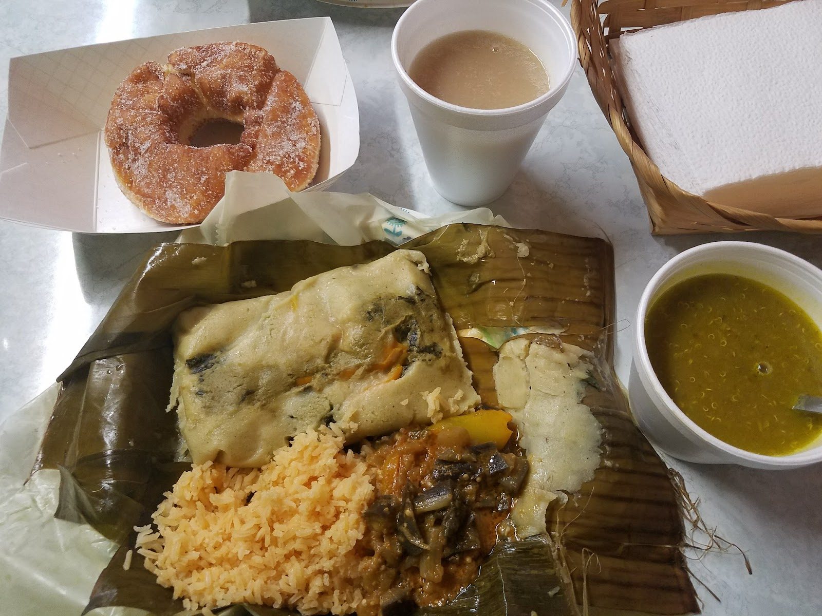 Tamal with salsa verde and coffee
